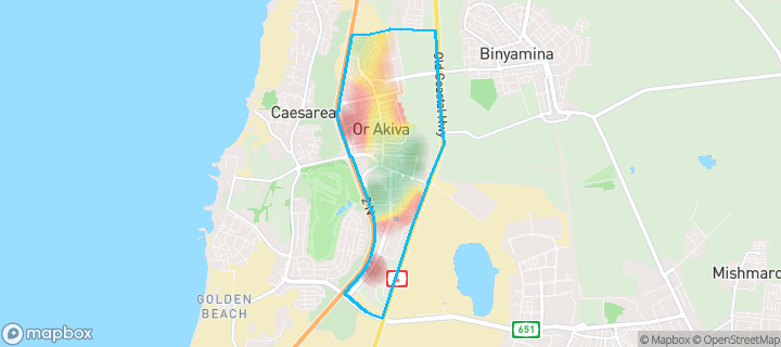 מפה של אור עקיבא — תחומי העיר מסומנים