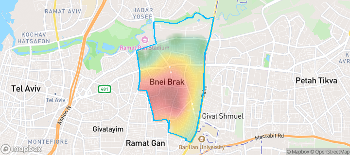 מפה של בני ברק — תחומי העיר מסומנים