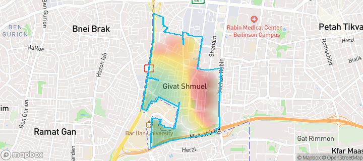 מפה של גבעת שמואל — תחומי העיר מסומנים