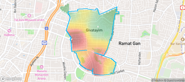 מפה של גבעתיים — תחומי העיר מסומנים