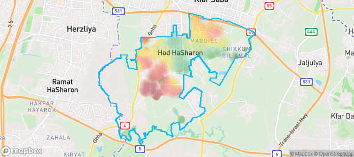 מפה של הוד השרון — תחומי העיר מסומנים