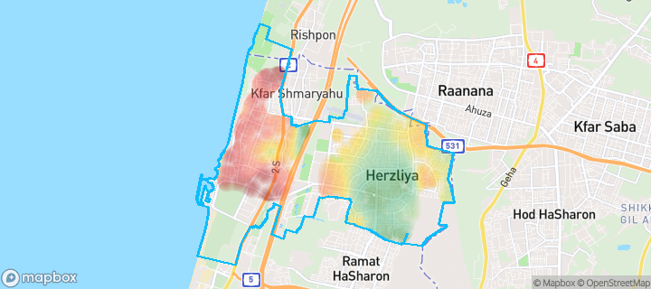 מפה של הרצליה — תחומי העיר מסומנים