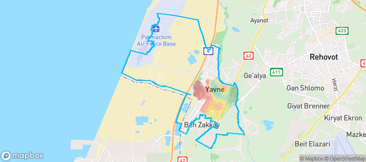 מפה של יבנה — תחומי העיר מסומנים