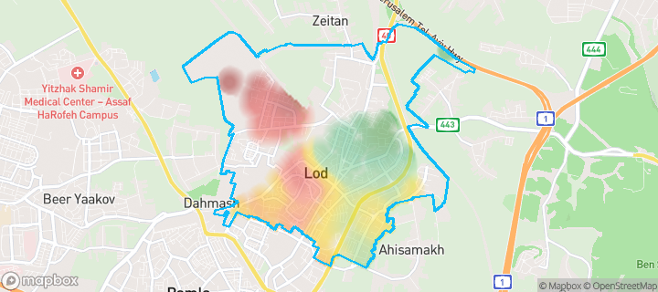 מפה של לוד — תחומי העיר מסומנים