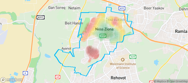 מפה של נס ציונה — תחומי העיר מסומנים