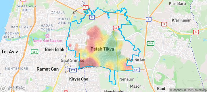 מפה של פתח תקווה — תחומי העיר מסומנים