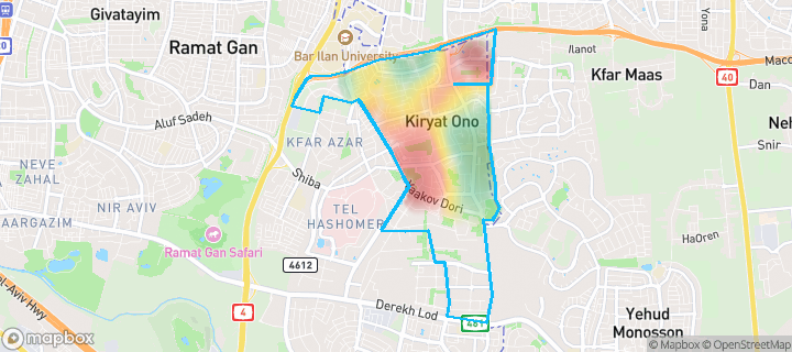 מפה של קריית אונו — תחומי העיר מסומנים