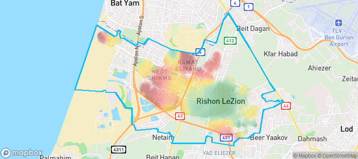 מפה של ראשון לציון — תחומי העיר מסומנים