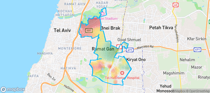 מפה של רמת גן — תחומי העיר מסומנים