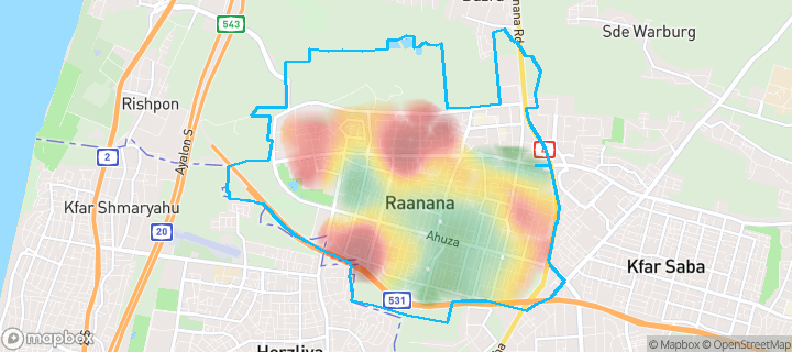 מפה של רעננה — תחומי העיר מסומנים
