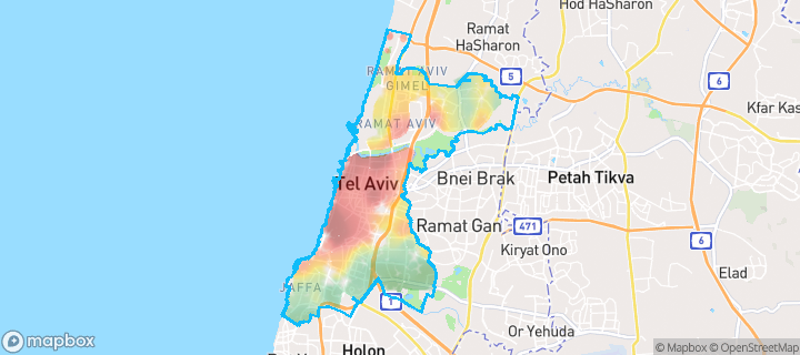 מפה של תל אביב - יפו — תחומי העיר מסומנים