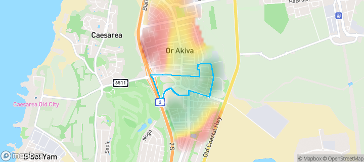 מפת חום של מחירי הנדל"ן בשכונת דרום 1, אור עקיבא — אזורים יקרים בגווני חם, אזורים זולים בגווני קר
