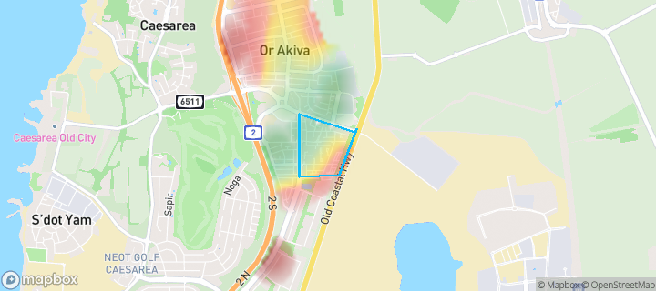 מפת חום של מחירי הנדל"ן בשכונת דרום 2, אור עקיבא — אזורים יקרים בגווני חם, אזורים זולים בגווני קר