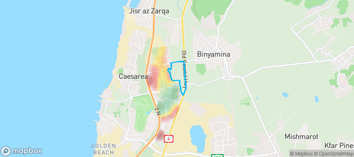 מפת חום של מחירי הנדל"ן בשכונת מזרח, אור עקיבא — אזורים יקרים בגווני חם, אזורים זולים בגווני קר
