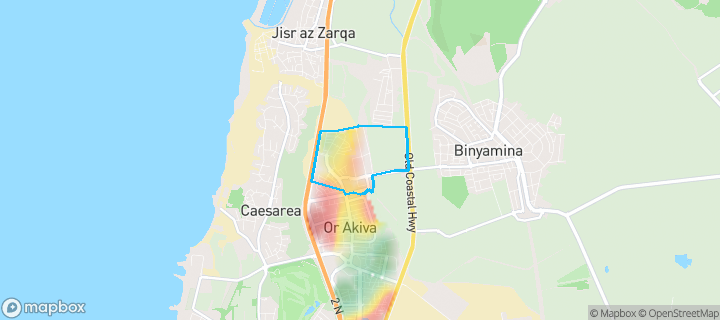 מפת חום של מחירי הנדל"ן בשכונת צפון, אור עקיבא — אזורים יקרים בגווני חם, אזורים זולים בגווני קר