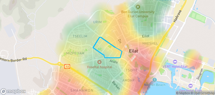 מפת חום של מחירי הנדל"ן בשכונת אופיר, אילת — אזורים יקרים בגווני חם, אזורים זולים בגווני קר