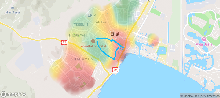מפת חום של מחירי הנדל"ן בשכונת בנה ביתך, אילת — אזורים יקרים בגווני חם, אזורים זולים בגווני קר
