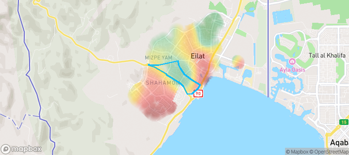 מפת חום של מחירי הנדל"ן בשכונת גנים א, אילת — אזורים יקרים בגווני חם, אזורים זולים בגווני קר