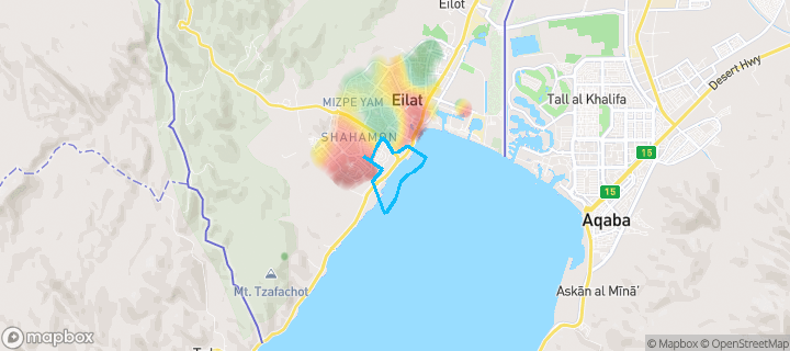 מפת חום של מחירי הנדל"ן בשכונת גנים ב, אילת — אזורים יקרים בגווני חם, אזורים זולים בגווני קר