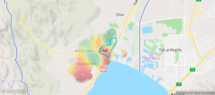 מפת חום של מחירי הנדל"ן בשכונת האשל, אילת — אזורים יקרים בגווני חם, אזורים זולים בגווני קר