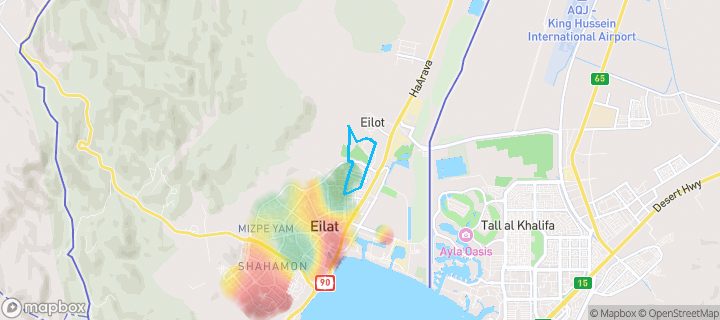 מפת חום של מחירי הנדל"ן בשכונת הדקל, אילת — אזורים יקרים בגווני חם, אזורים זולים בגווני קר