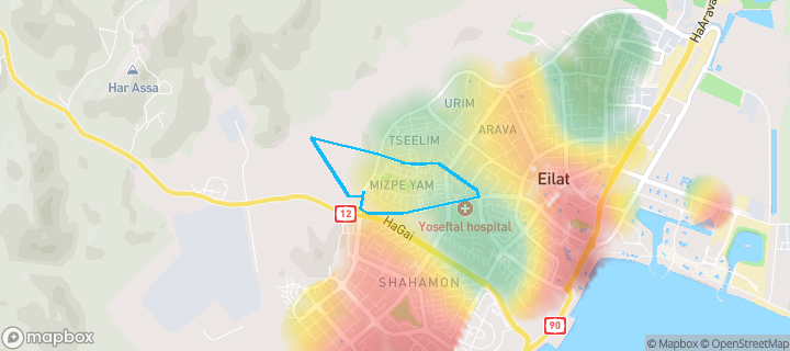 מפת חום של מחירי הנדל"ן בשכונת מצפה ים, אילת — אזורים יקרים בגווני חם, אזורים זולים בגווני קר