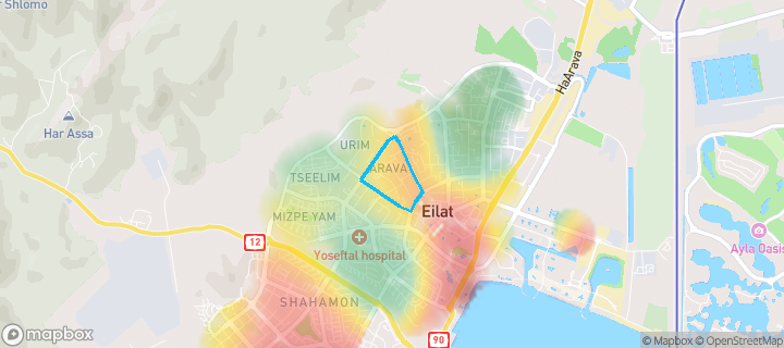 מפת חום של מחירי הנדל"ן בשכונת ערבה, אילת — אזורים יקרים בגווני חם, אזורים זולים בגווני קר