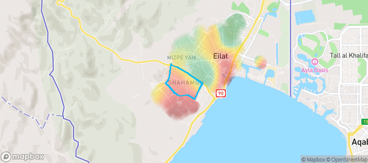מפת חום של מחירי הנדל"ן בשכונת שחמון, אילת — אזורים יקרים בגווני חם, אזורים זולים בגווני קר