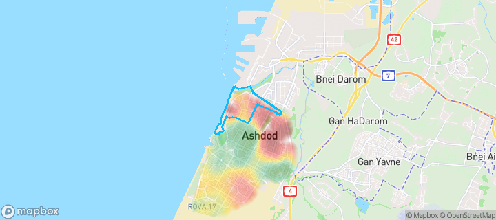 מפת חום של מחירי הנדל"ן בשכונת רובע א', אשדוד — אזורים יקרים בגווני חם, אזורים זולים בגווני קר