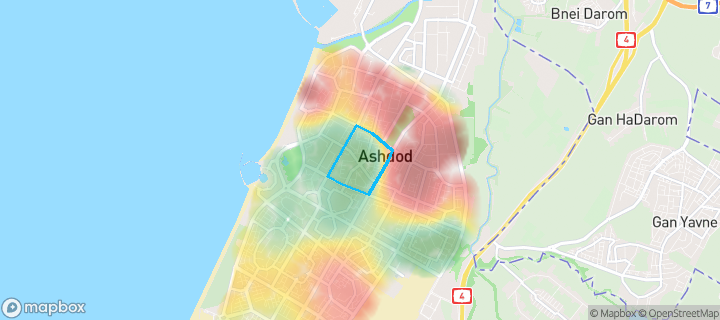 מפת חום של מחירי הנדל"ן בשכונת רובע ה', אשדוד — אזורים יקרים בגווני חם, אזורים זולים בגווני קר