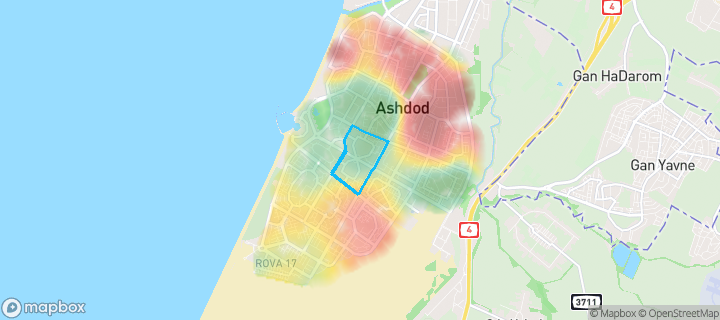 מפת חום של מחירי הנדל"ן בשכונת רובע הקריה, אשדוד — אזורים יקרים בגווני חם, אזורים זולים בגווני קר