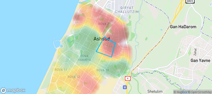 מפת חום של מחירי הנדל"ן בשכונת רובע ו', אשדוד — אזורים יקרים בגווני חם, אזורים זולים בגווני קר