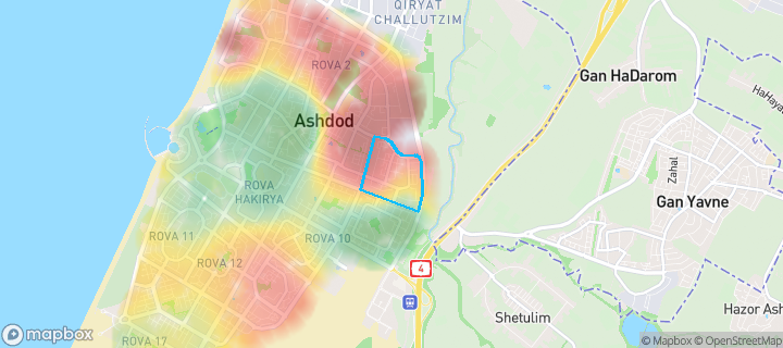 מפת חום של מחירי הנדל"ן בשכונת רובע ז', אשדוד — אזורים יקרים בגווני חם, אזורים זולים בגווני קר