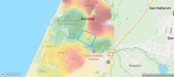 מפת חום של מחירי הנדל"ן בשכונת רובע ח', אשדוד — אזורים יקרים בגווני חם, אזורים זולים בגווני קר