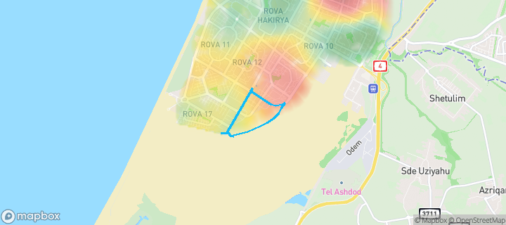 מפת חום של מחירי הנדל"ן בשכונת רובע ט"ז, אשדוד — אזורים יקרים בגווני חם, אזורים זולים בגווני קר