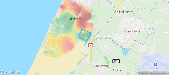 מפת חום של מחירי הנדל"ן בשכונת רובע ט', אשדוד — אזורים יקרים בגווני חם, אזורים זולים בגווני קר