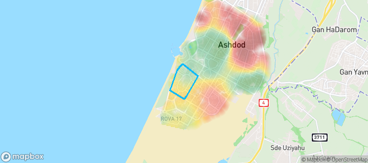 מפת חום של מחירי הנדל"ן בשכונת רובע י"א, אשדוד — אזורים יקרים בגווני חם, אזורים זולים בגווני קר