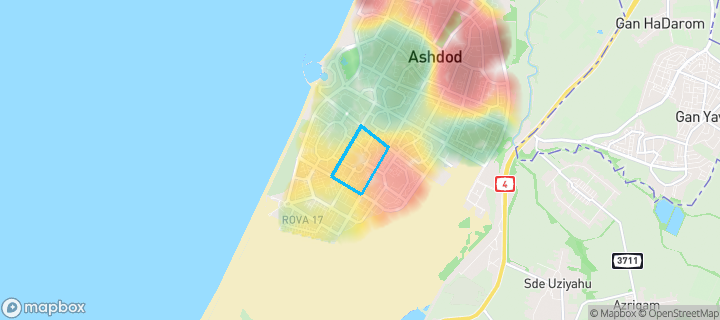מפת חום של מחירי הנדל"ן בשכונת רובע י"ב, אשדוד — אזורים יקרים בגווני חם, אזורים זולים בגווני קר