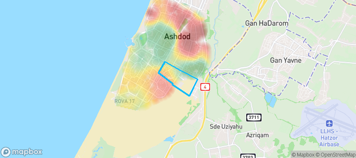 מפת חום של מחירי הנדל"ן בשכונת רובע י', אשדוד — אזורים יקרים בגווני חם, אזורים זולים בגווני קר