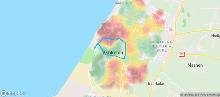 מפת חום של מחירי הנדל"ן בשכונת אשכולי פז, אשקלון — אזורים יקרים בגווני חם, אזורים זולים בגווני קר