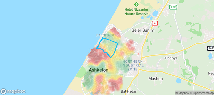 מפת חום של מחירי הנדל"ן בשכונת נאות ברנע, אשקלון — אזורים יקרים בגווני חם, אזורים זולים בגווני קר