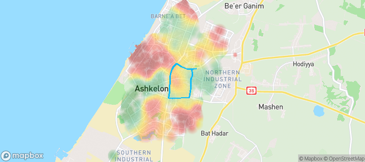 מפת חום של מחירי הנדל"ן בשכונת נווה אילן, אשקלון — אזורים יקרים בגווני חם, אזורים זולים בגווני קר