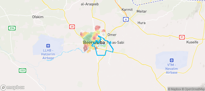 מפת חום של מחירי הנדל"ן בשכונת אזור התעשייה באר שבע, באר שבע — אזורים יקרים בגווני חם, אזורים זולים בגווני קר
