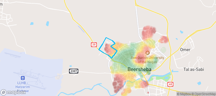 מפת חום של מחירי הנדל"ן בשכונת כלניות, באר שבע — אזורים יקרים בגווני חם, אזורים זולים בגווני קר