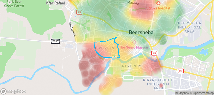 מפת חום של מחירי הנדל"ן בשכונת נווה זאב, באר שבע — אזורים יקרים בגווני חם, אזורים זולים בגווני קר