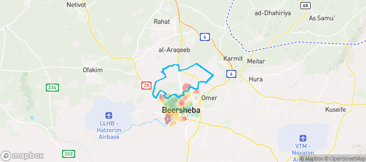 מפת חום של מחירי הנדל"ן בשכונת רמות ב', באר שבע — אזורים יקרים בגווני חם, אזורים זולים בגווני קר