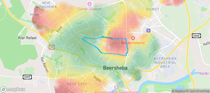 מפת חום של מחירי הנדל"ן בשכונת שכונה ב, באר שבע — אזורים יקרים בגווני חם, אזורים זולים בגווני קר