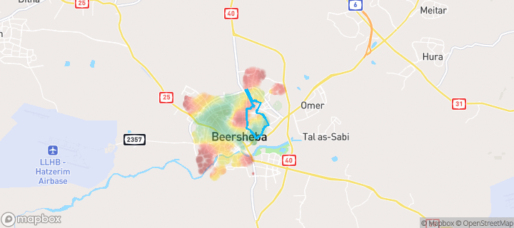 מפת חום של מחירי הנדל"ן בשכונת שכונה ג, באר שבע — אזורים יקרים בגווני חם, אזורים זולים בגווני קר