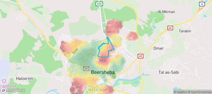 מפת חום של מחירי הנדל"ן בשכונת שכונה ד, באר שבע — אזורים יקרים בגווני חם, אזורים זולים בגווני קר