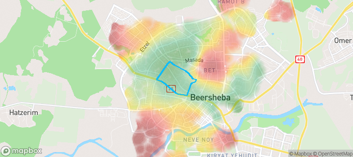 מפת חום של מחירי הנדל"ן בשכונת שכונה ה, באר שבע — אזורים יקרים בגווני חם, אזורים זולים בגווני קר